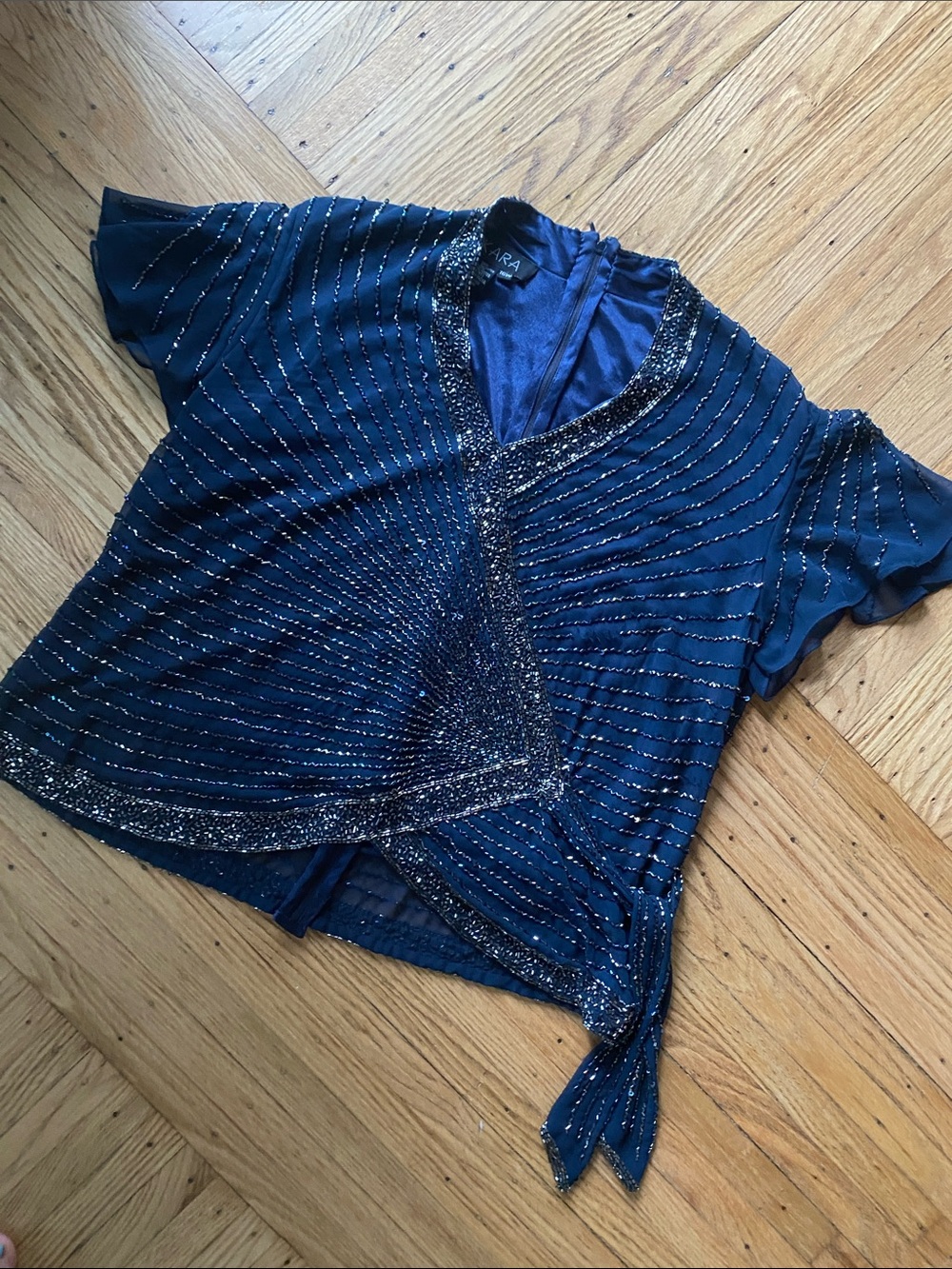 Navy Metallic-Thread Wrap Blouse